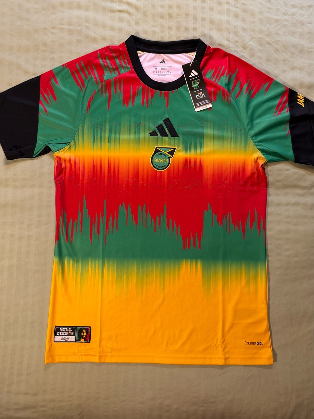 adidas Yellow/Green/Red Jamaica Football Jersey with Bob Marley Patch